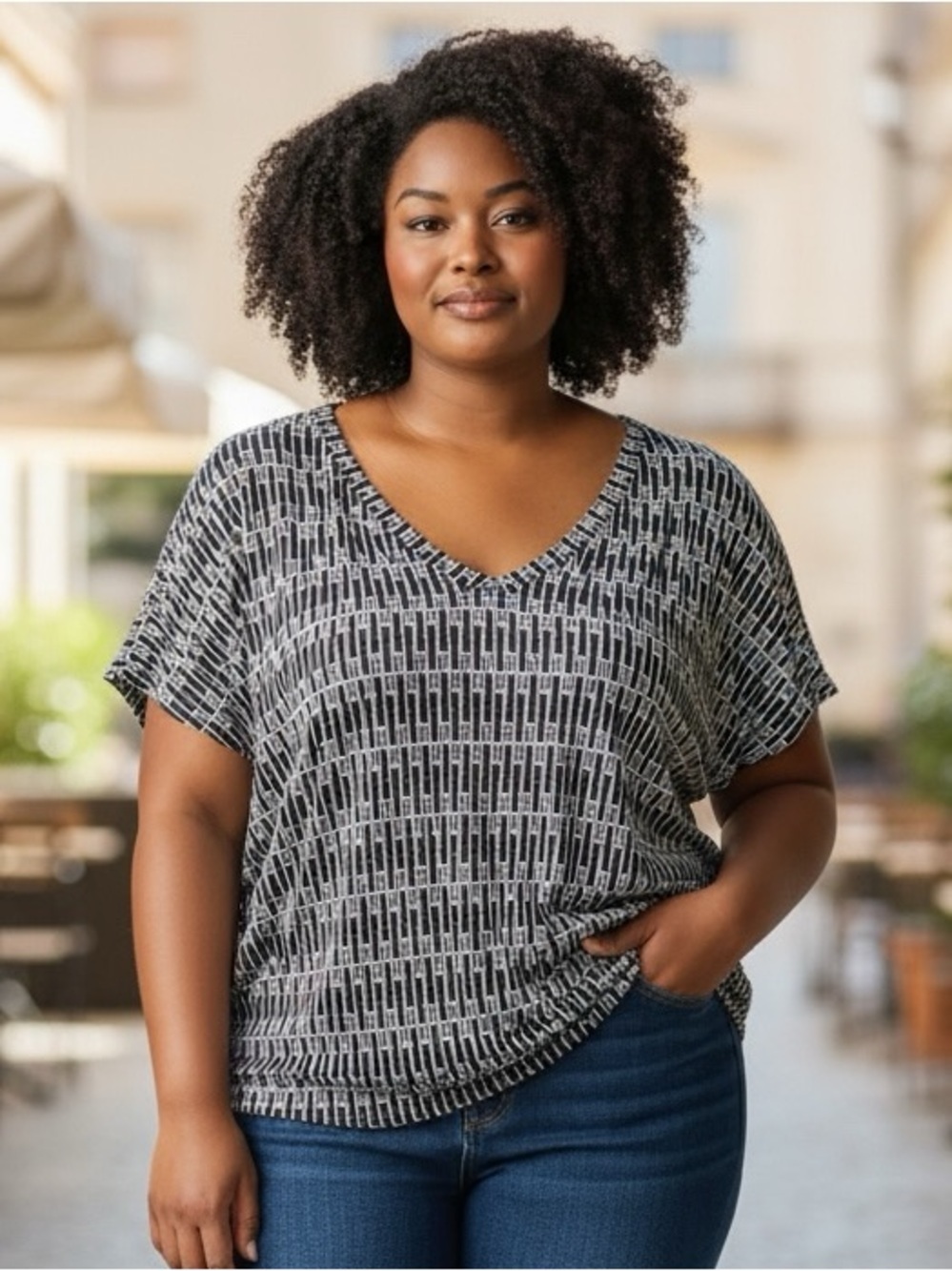 Nicole Miller Monochrome Geometric linen knit top L